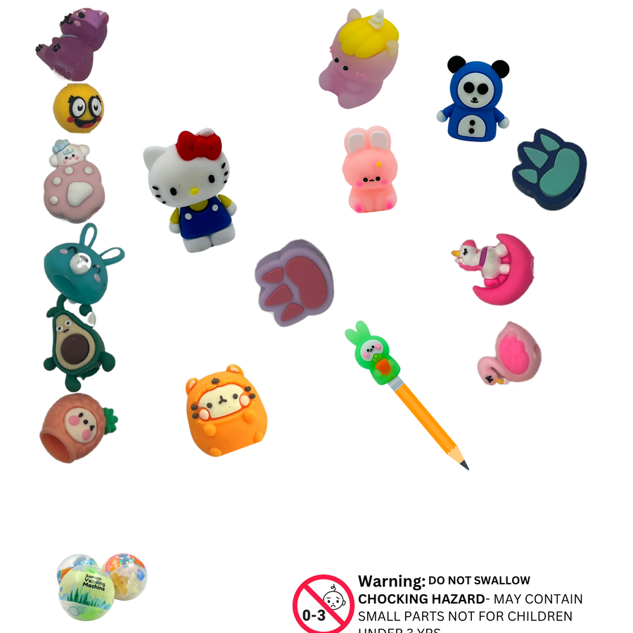 Assorted capsule pencil toppers with animal and cartoon designs for kids