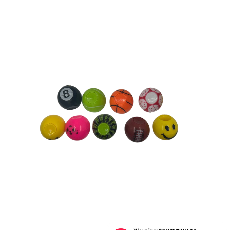 Assorted 3.5cm round spinner ball toys in smiley, sports, and cartoon designs