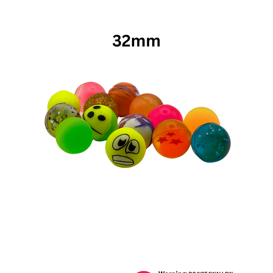 Assorted 32mm bouncy balls with neon, emoji, glitter, and pattern designs.
