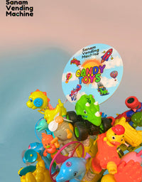 Colorful toy figures with a 'Sanam Vending Machine' label on a gradient background