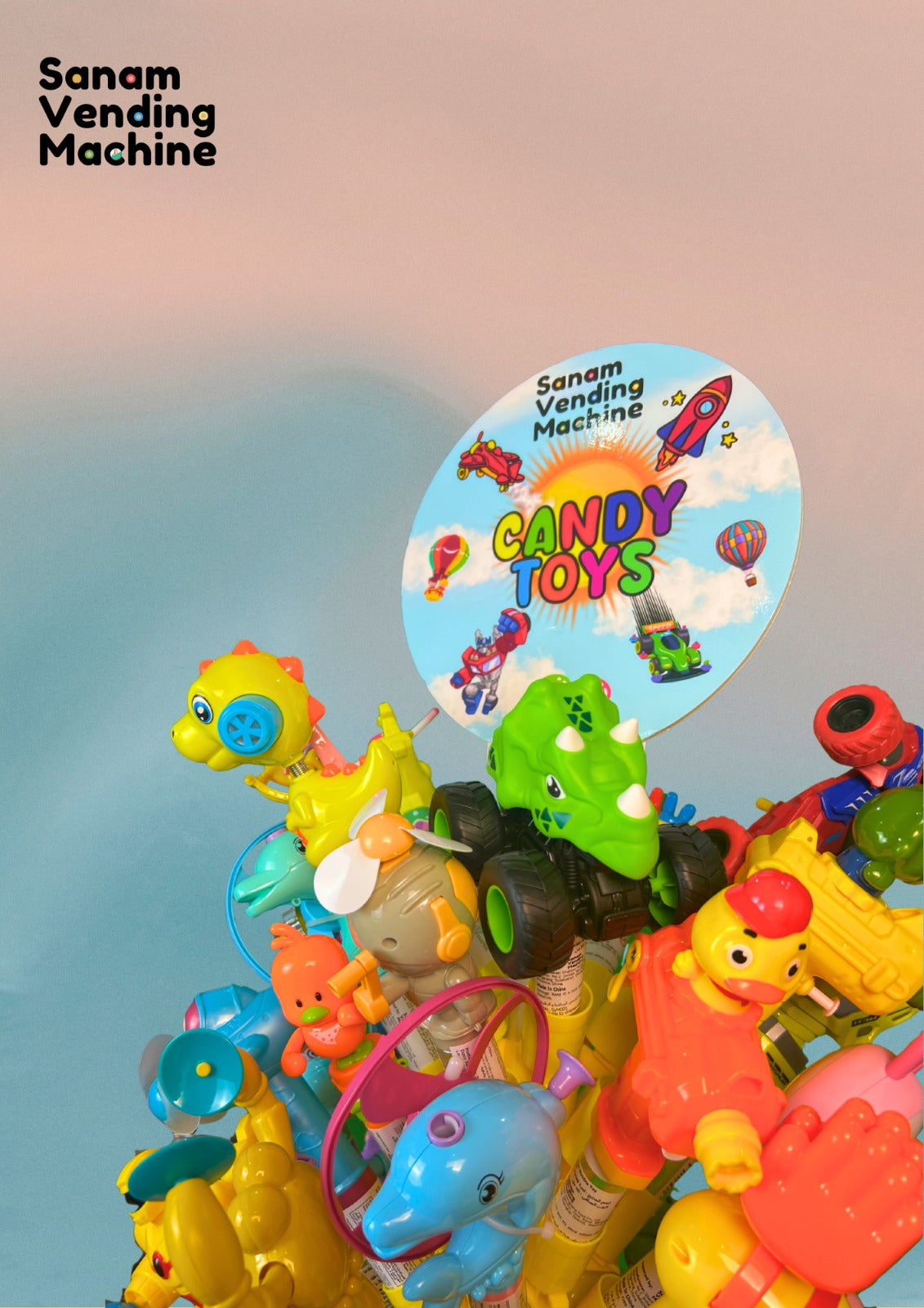 Colorful toy figures with a 'Sanam Vending Machine' label on a gradient background
