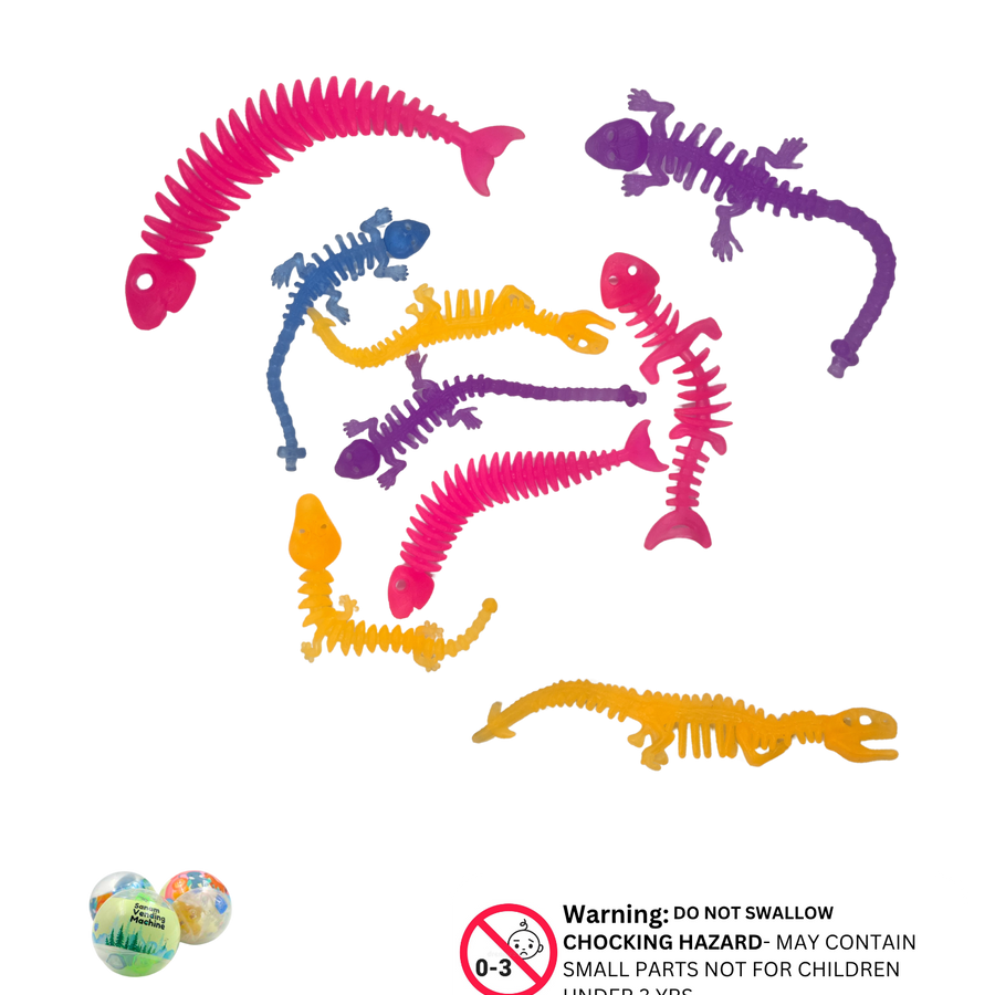Stretchable Dino Skeleton Toys – Colorful Rubber Capsule Animals (100 Pcs)