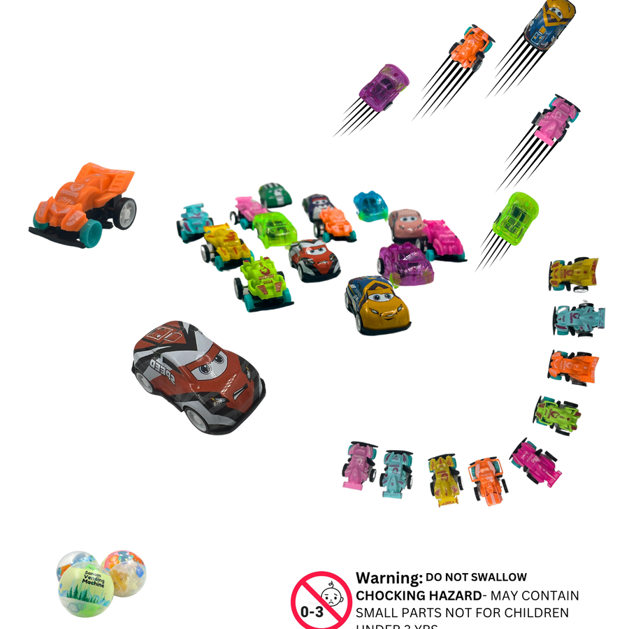 Assorted mini toy cars with pull-back and friction mechanisms in multiple colors