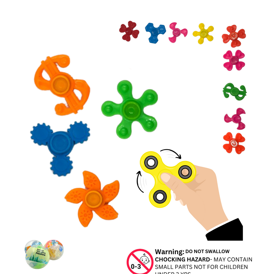 Assorted colorful hand spinners in various shapes packed in capsules
