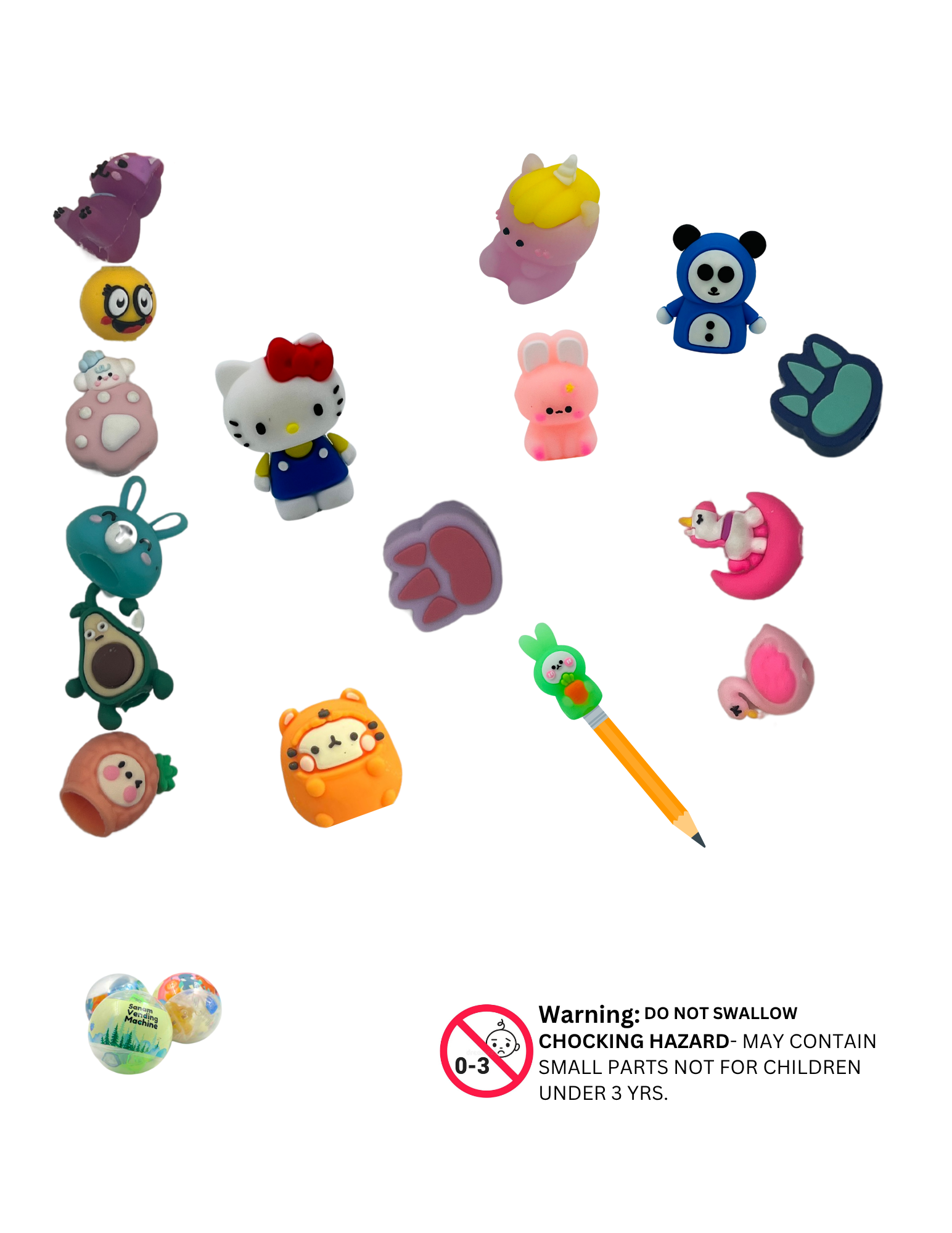Assorted capsule pencil toppers with animal and cartoon designs for kids

