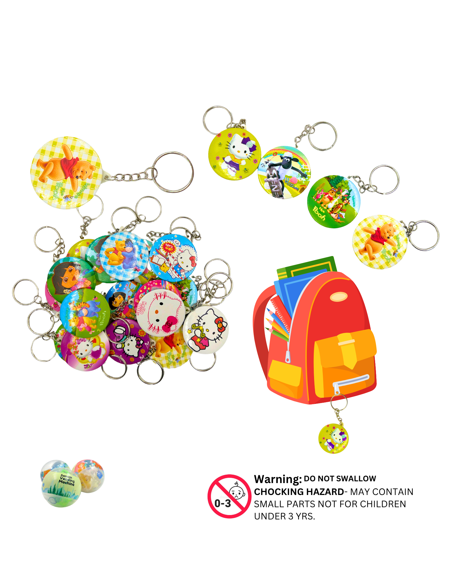 Assorted cartoon keychain bag chains with round button designs for kids

