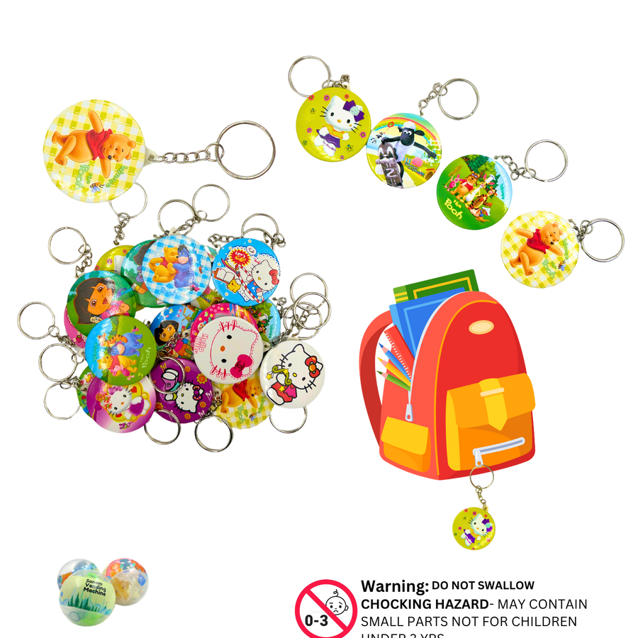 Assorted cartoon keychain bag chains with round button designs for kids

