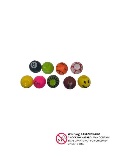 Assorted 3.5cm round spinner ball toys in smiley, sports, and cartoon designs