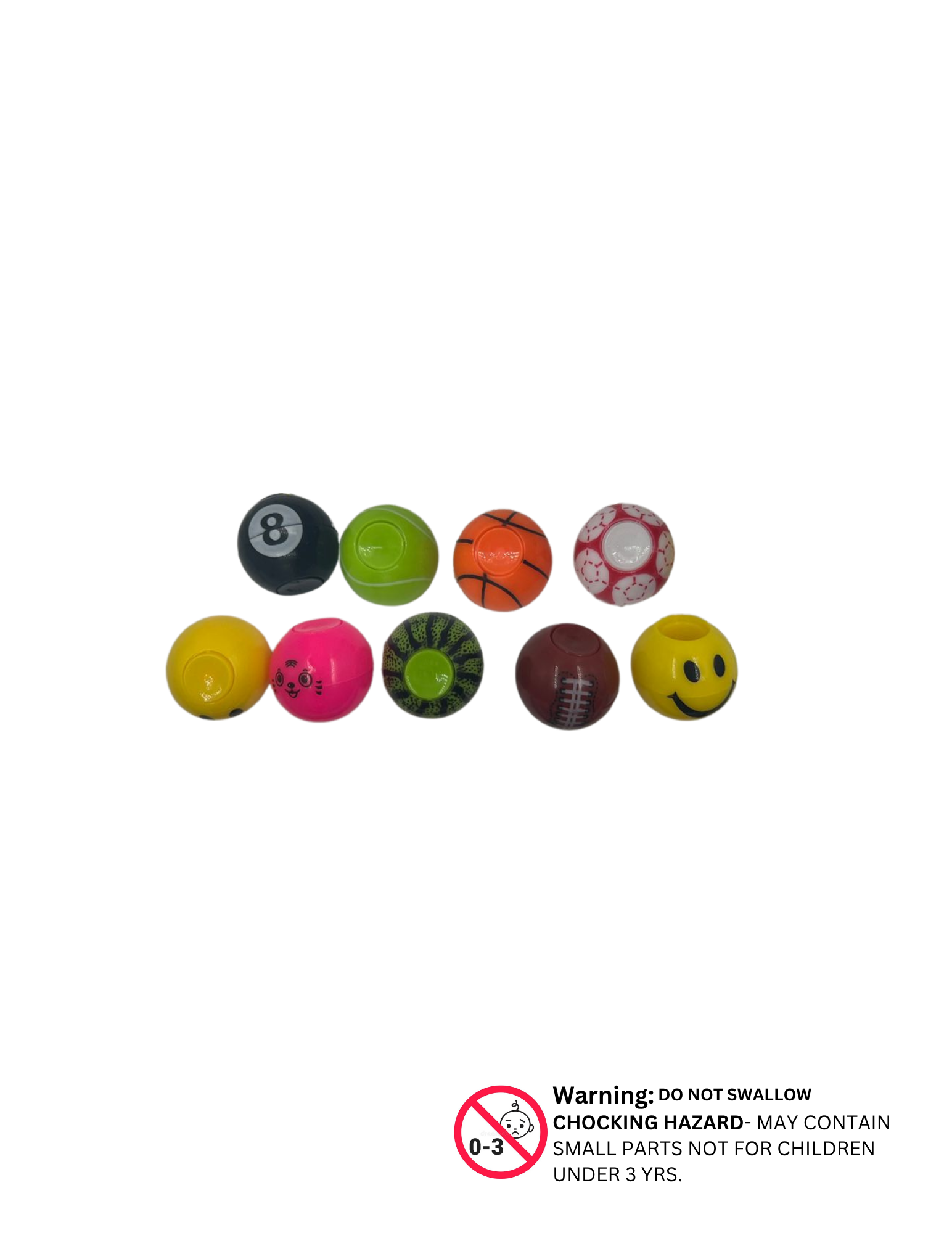 Assorted 3.5cm round spinner ball toys in smiley, sports, and cartoon designs