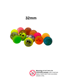 Assorted 32mm bouncy balls with neon, emoji, glitter, and pattern designs.
