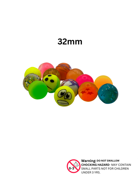 Assorted 32mm bouncy balls with neon, emoji, glitter, and pattern designs.