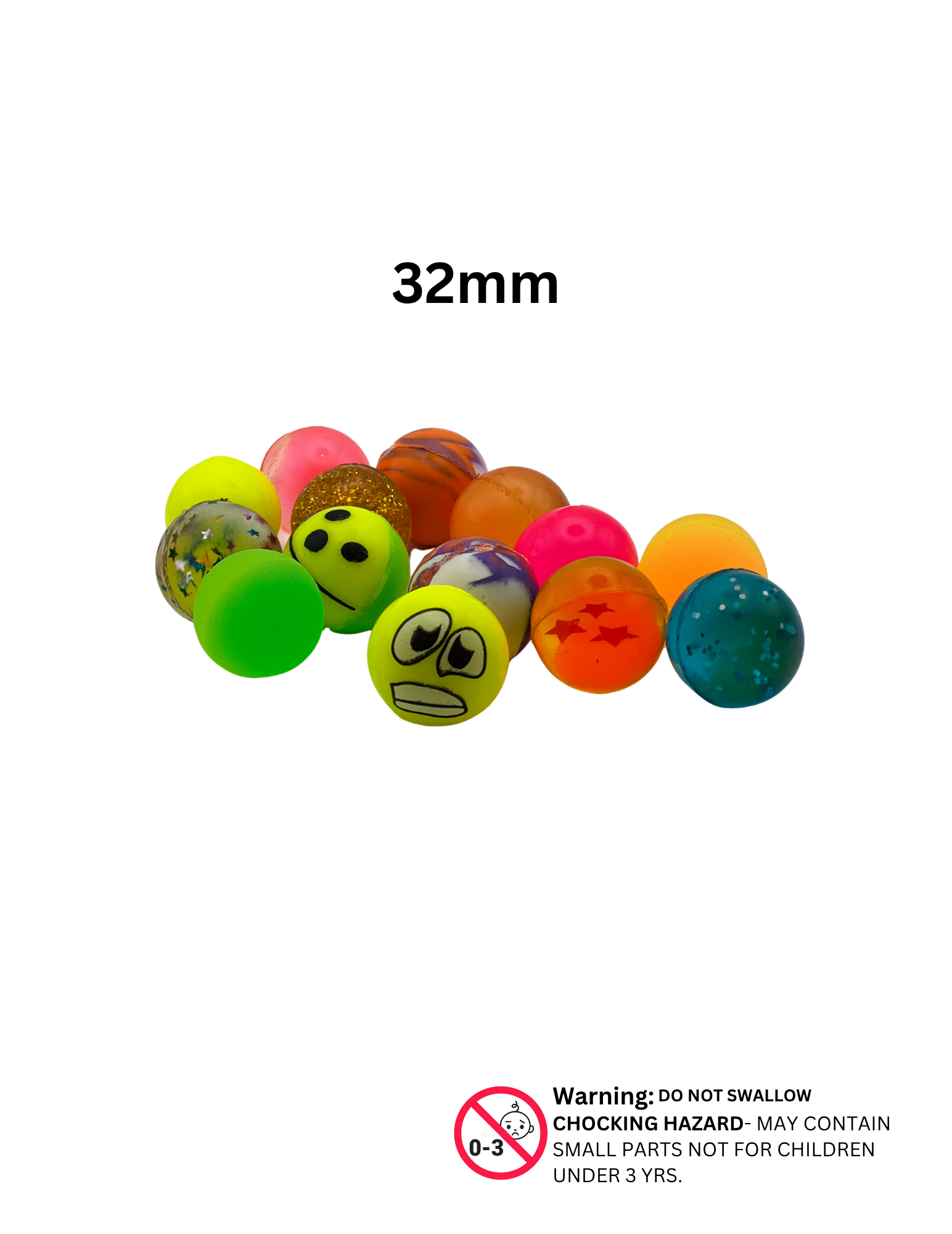 Assorted 32mm bouncy balls with neon, emoji, glitter, and pattern designs.