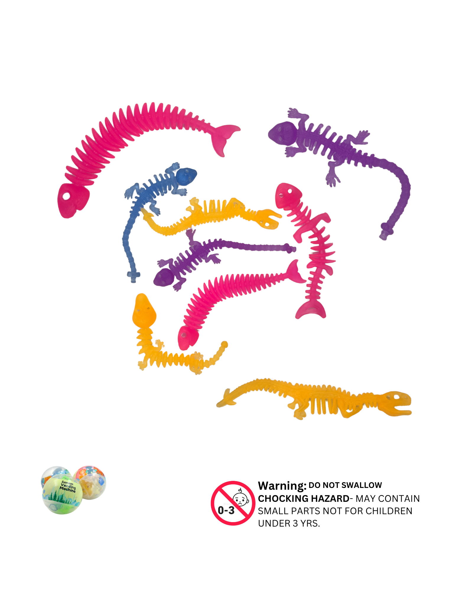 Stretchable Dino Skeleton Toys – Colorful Rubber Capsule Animals (100 Pcs)