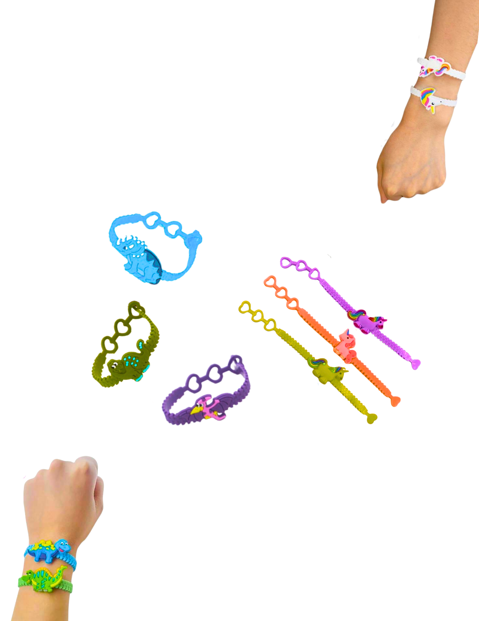 Unicorn and dinosaur silicone bracelets worn by child on wrist