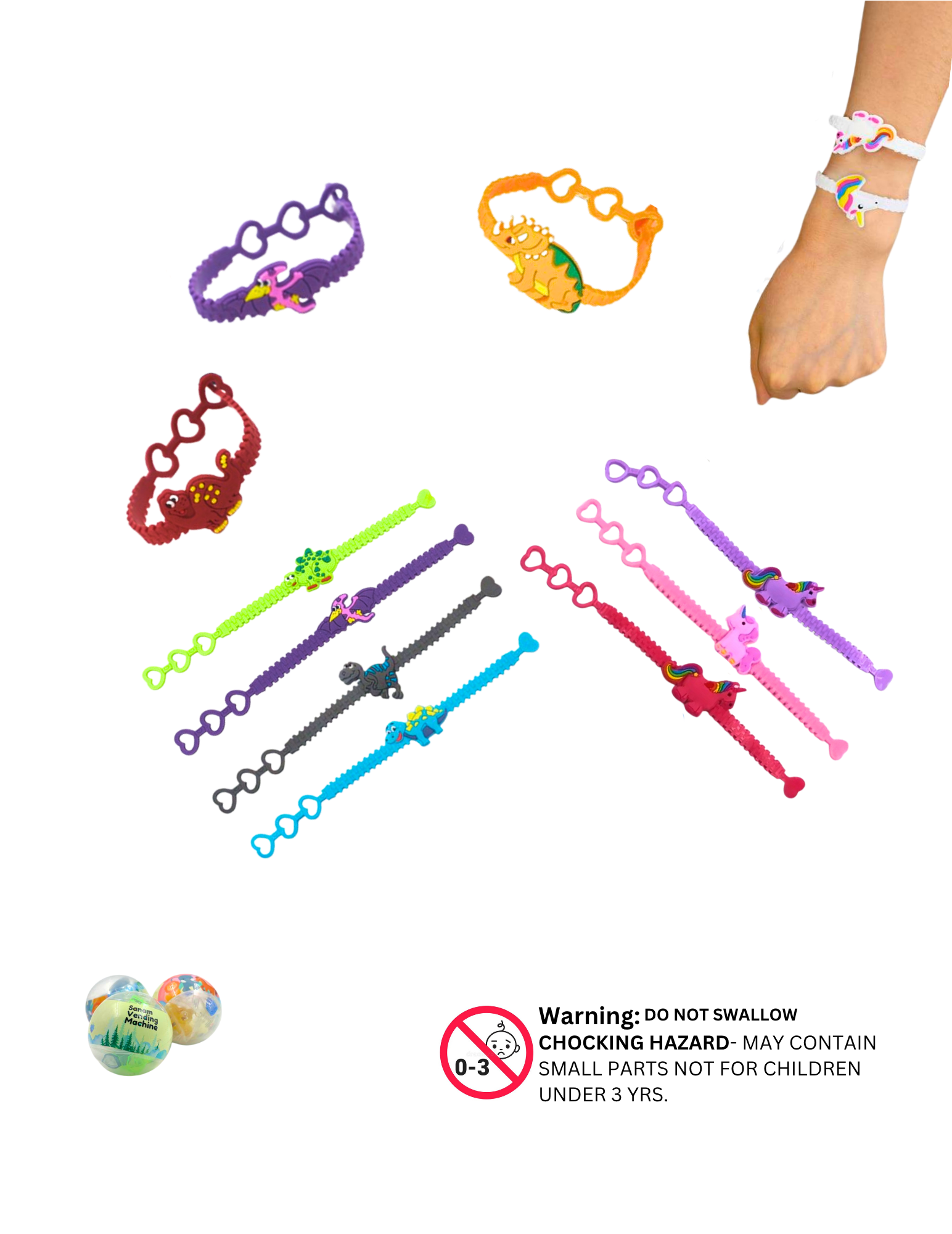Colorful silicone character bracelets featuring dinosaurs and unicorns in assorted styles