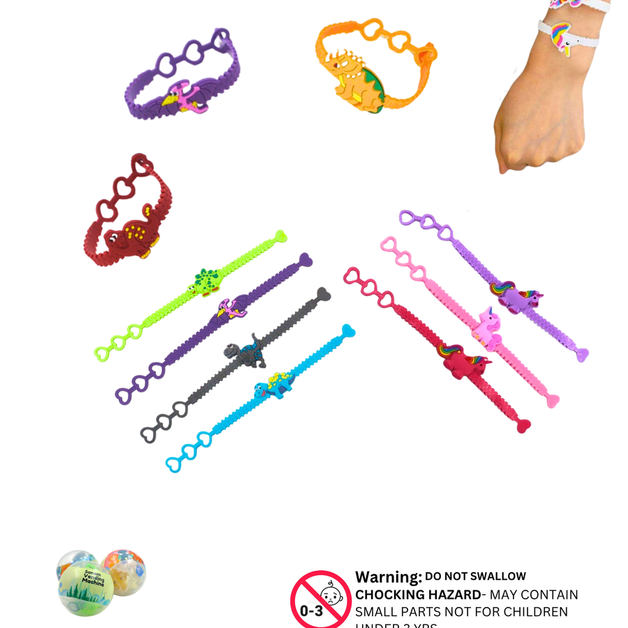 Colorful silicone character bracelets featuring dinosaurs and unicorns in assorted styles