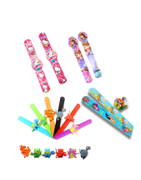 Slap bracelets displayed both rolled and flat in assorted designs


