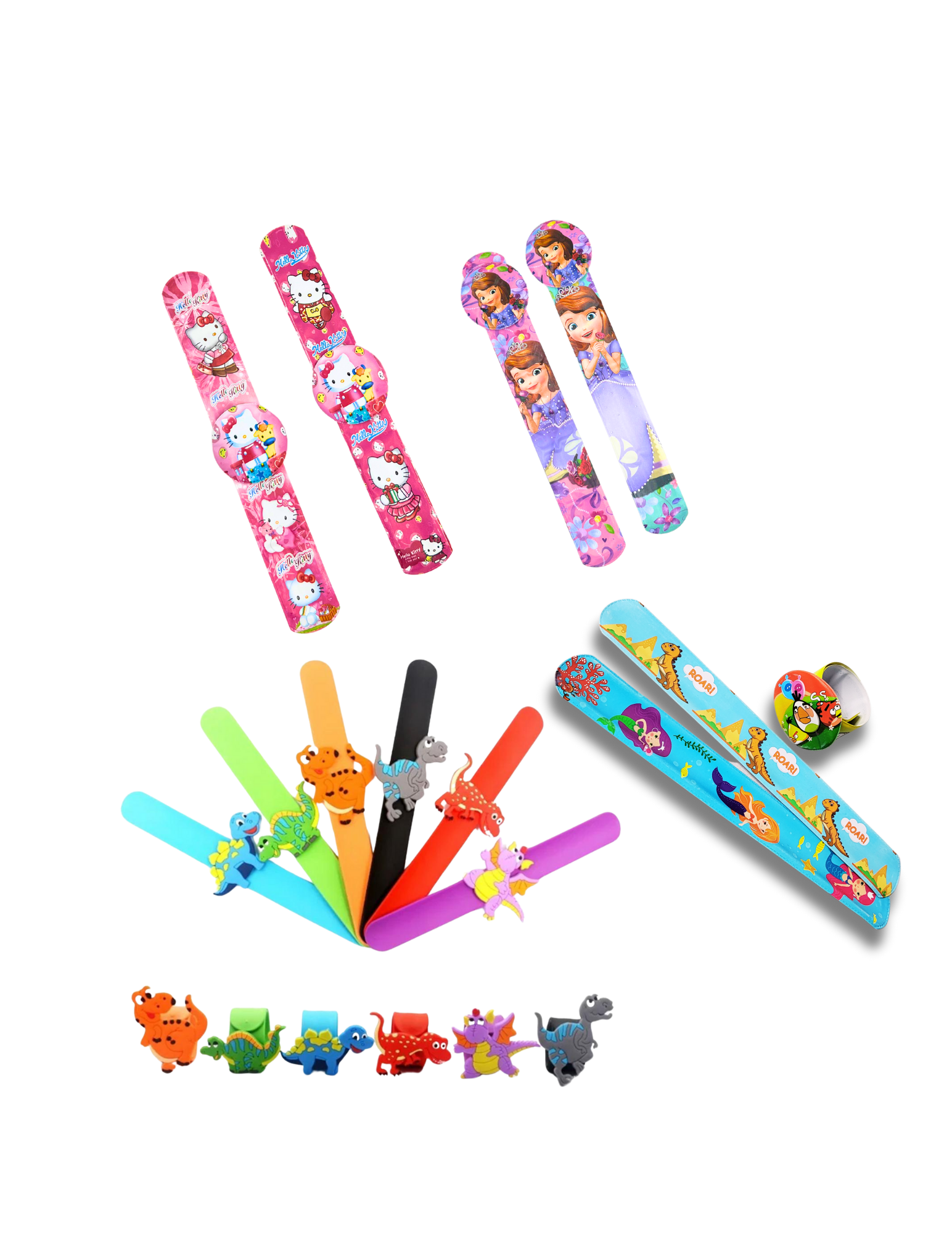 Slap bracelets displayed both rolled and flat in assorted designs

