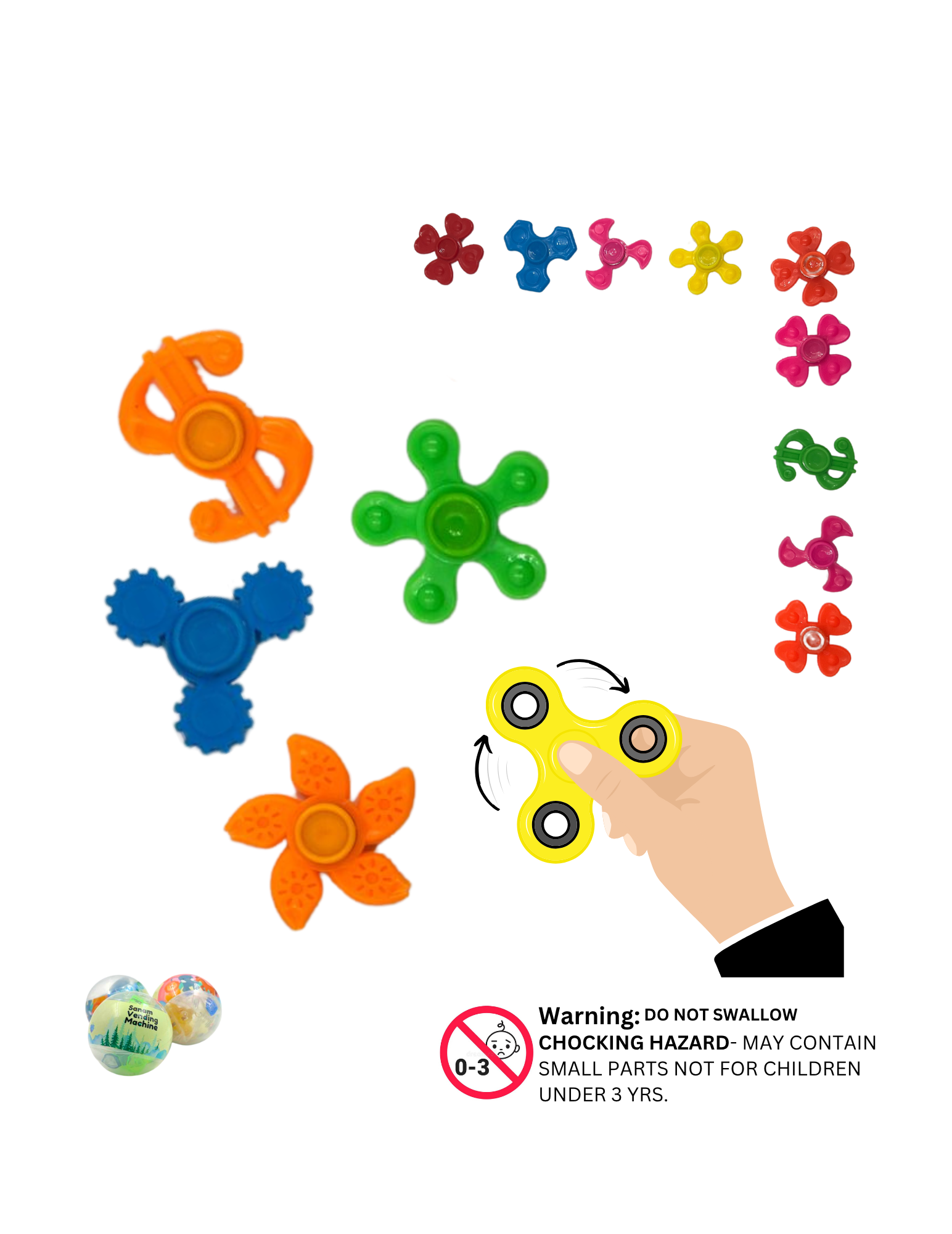 Assorted colorful hand spinners in various shapes packed in capsules

