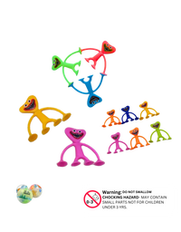 Assorted sticky Vuvastick toys in bright colors with smiling monster faces


