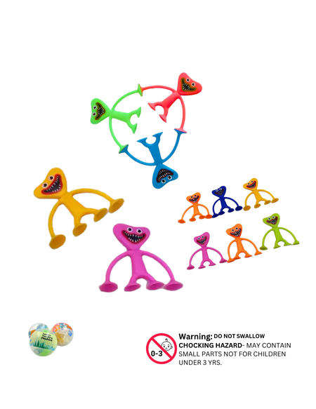 Assorted sticky Vuvastick toys in bright colors with smiling monster faces

