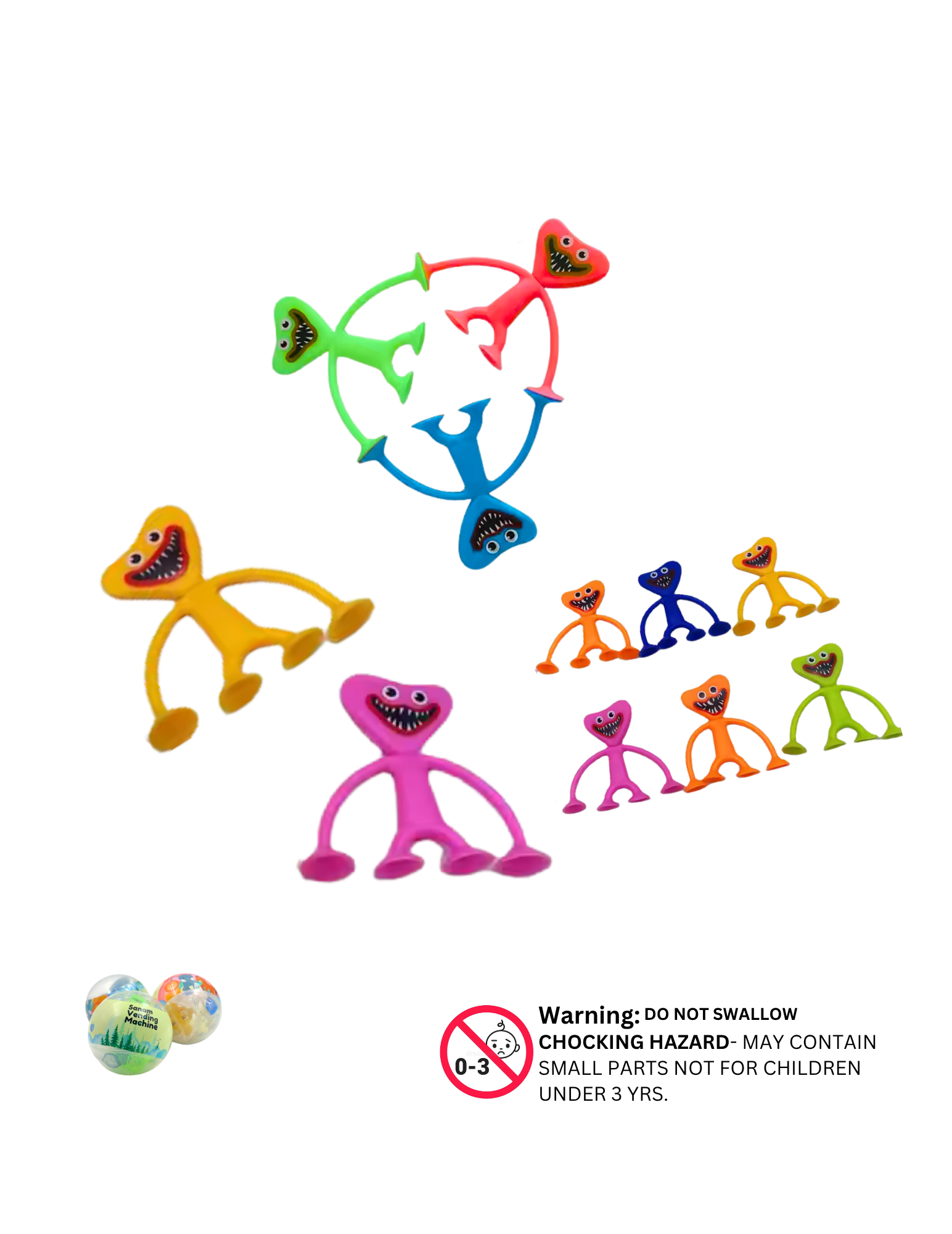 Assorted sticky Vuvastick toys in bright colors with smiling monster faces


