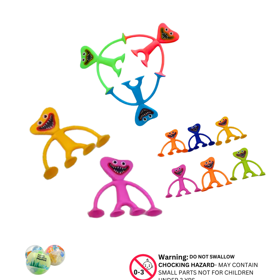 Assorted sticky Vuvastick toys in bright colors with smiling monster faces

